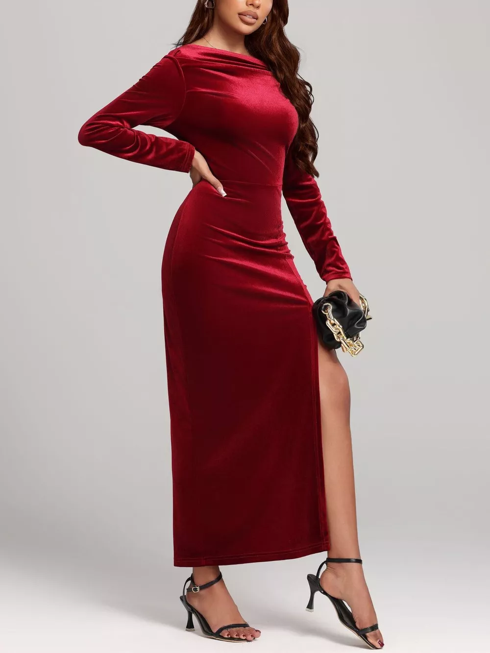 Ruched Velvet Long Sleeve Slit Dress, image 4