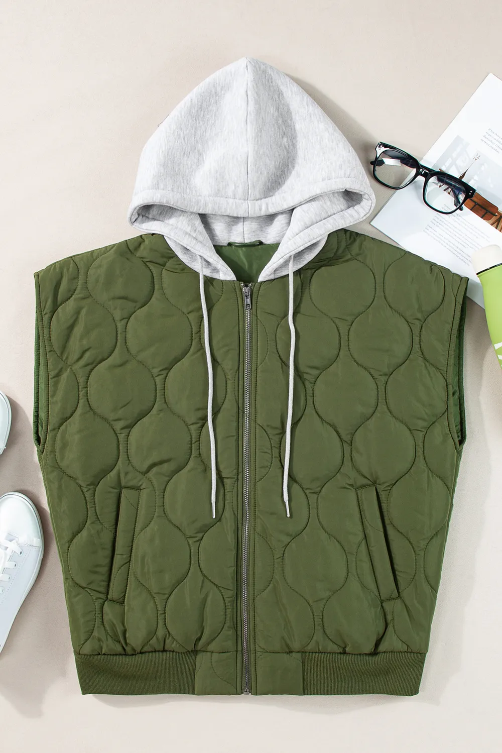 Drawstring Zip Up Hooded Vest Coat, image 5