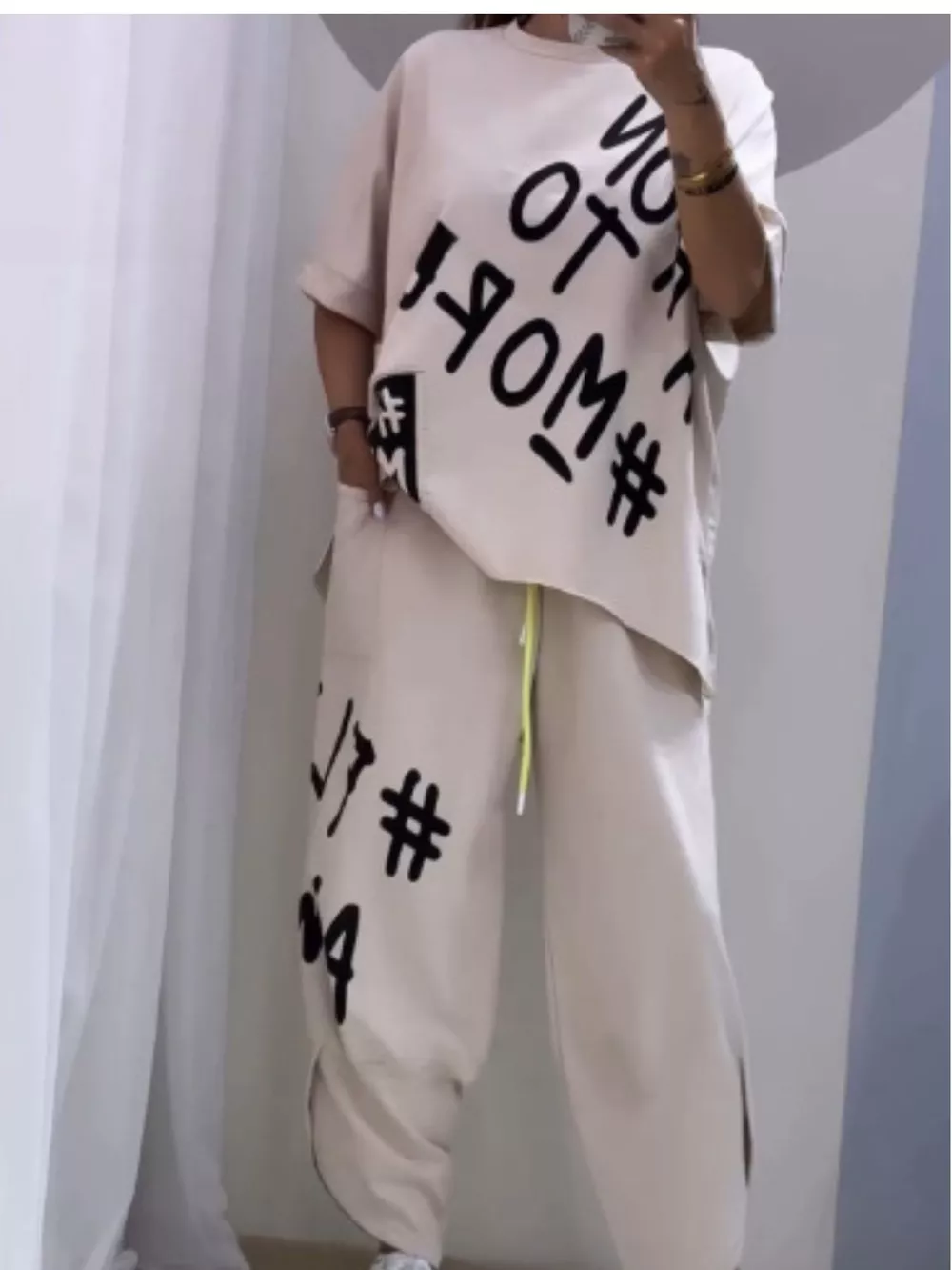 Full Size Letter Round Neck Tee and Drawstring Pants Set Plus Size, image 13