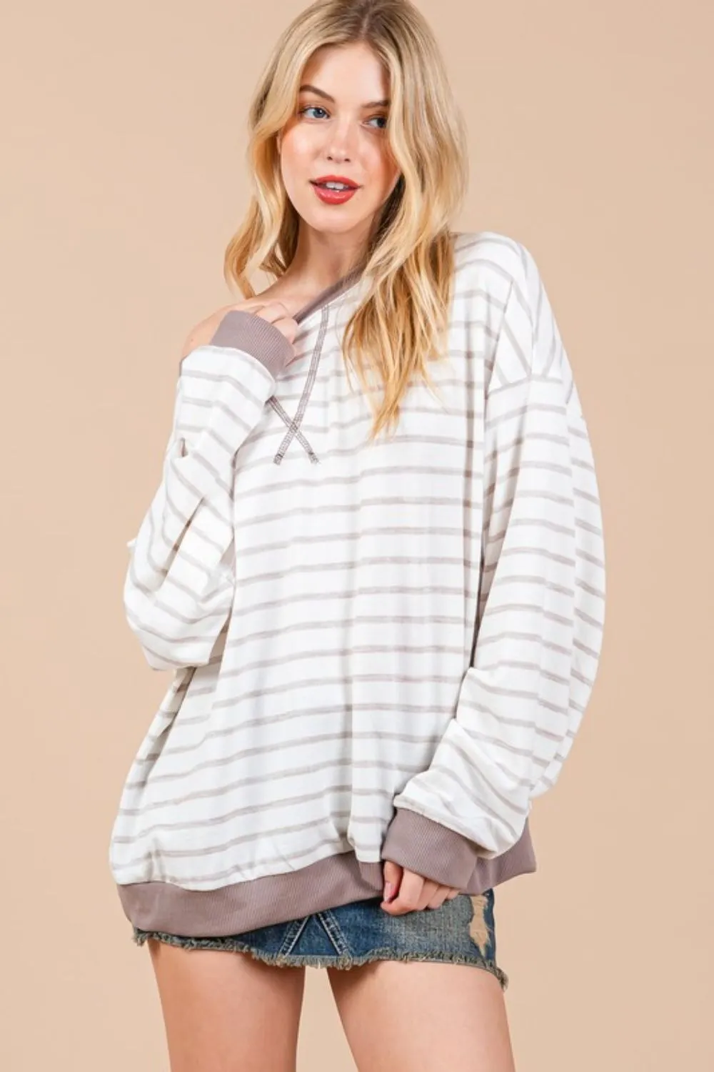 Ces Femme Striped Round Neck Drop Shoulder Sweatshirt, image 2