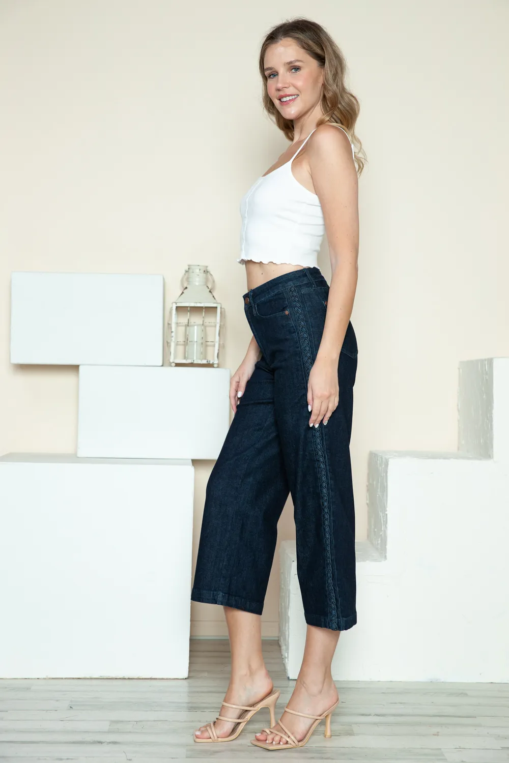 Full Size Side Seam Braid Detail Crop Wide Leg Jeans, image 15