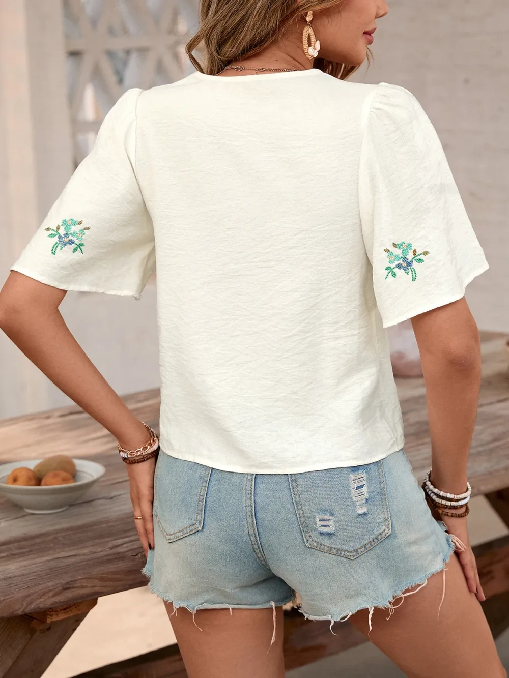 Embroidered V-Neck Short Sleeve Shirt, image 6