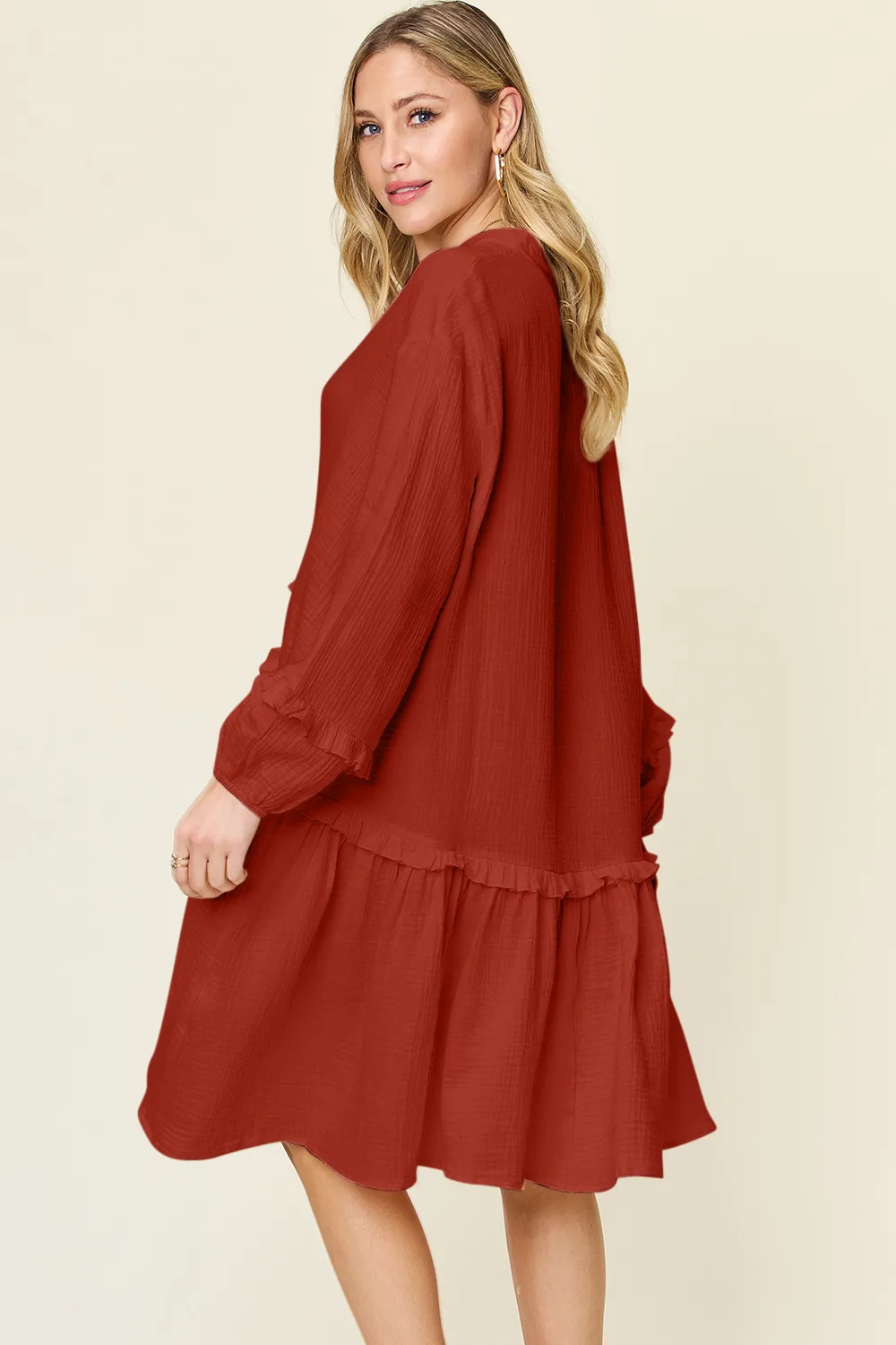 Full Size Texture Half Button Ruffle Trim Dress, image 2
