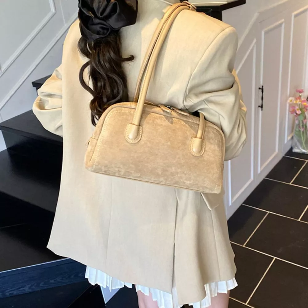Velvet Shoulder Bag with Leather Strap