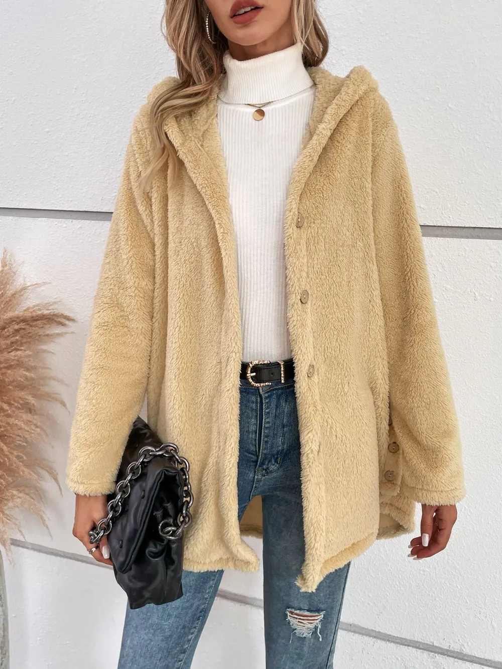 Fuzzy Button Up Hooded Jacket, image 6