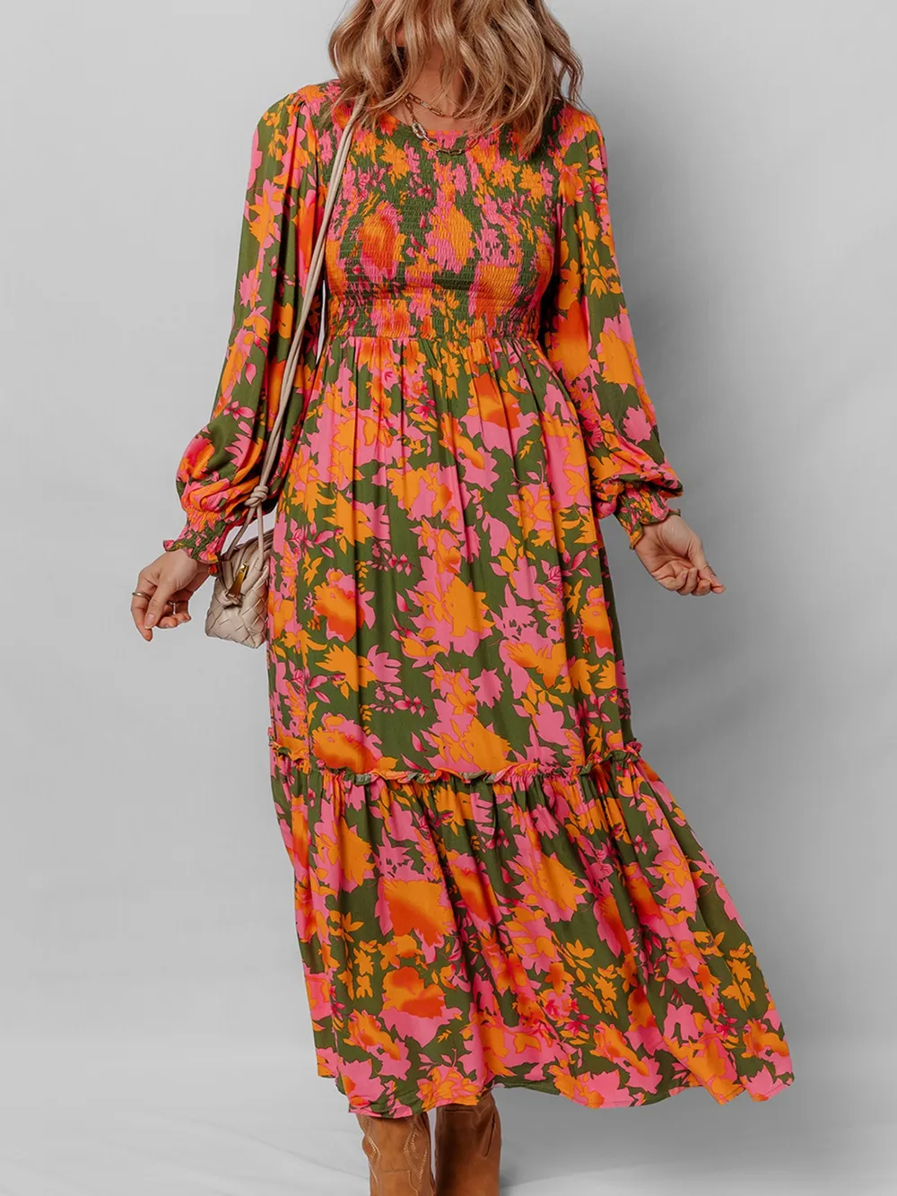 Smocked Floral Print Long Sleeve Maxi Dress, image 7