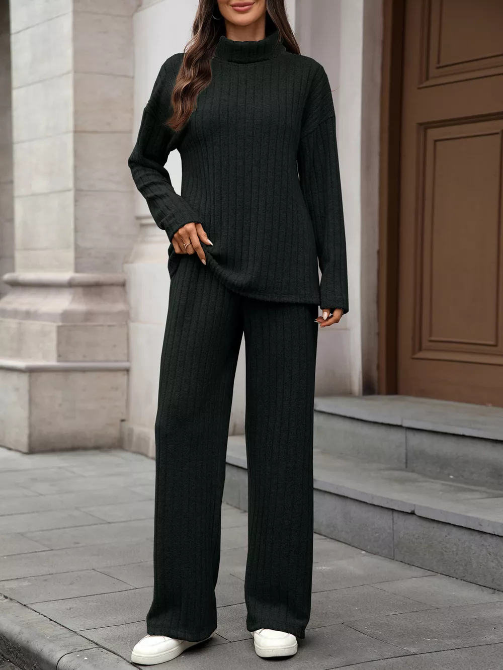 Ribbed Turtleneck Dropped Shoulder Top and Pants Sweater Set, image 24