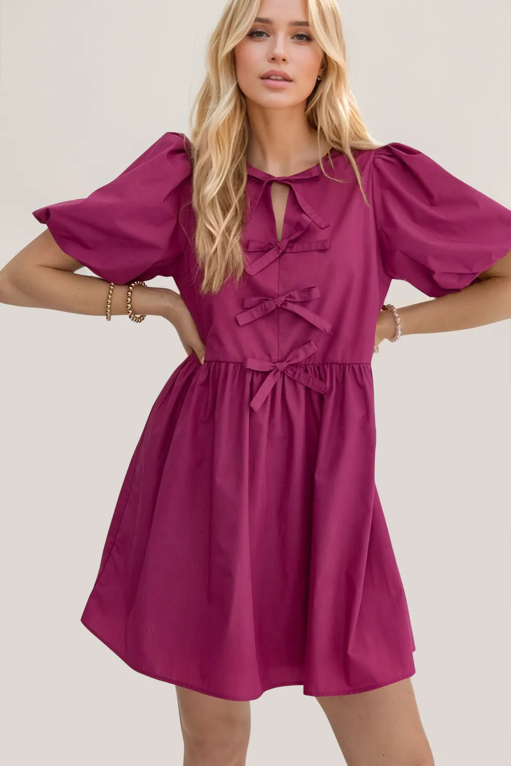 Bow Ruched Puff Sleeve Mini Dress, image 4