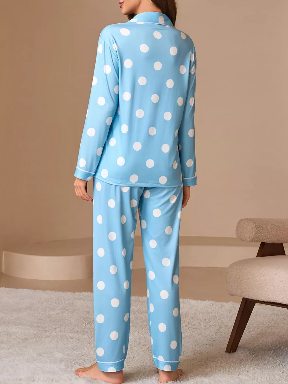 Polka Dot Button-Down Top and Pants Lounge Set, image 7