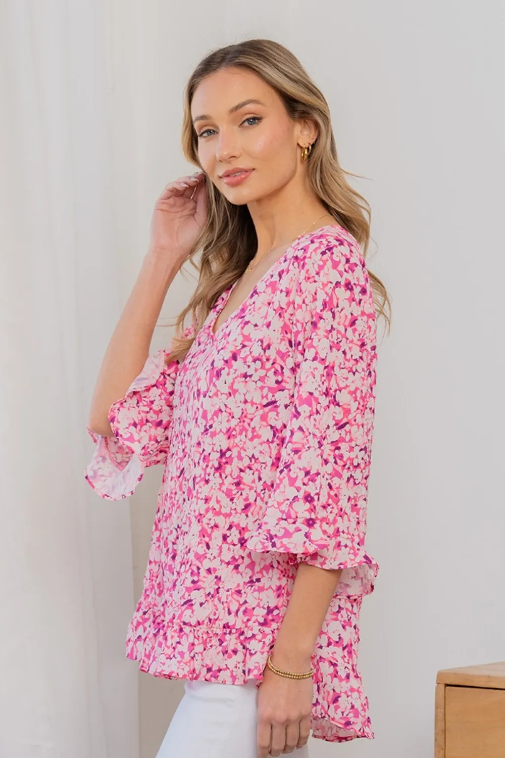 Full Size Floral V-Neck Flounce Sleeve Top, image 3