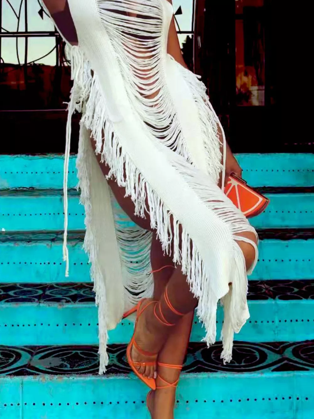 Fringe Split Square Neck Midi Dress, image 3