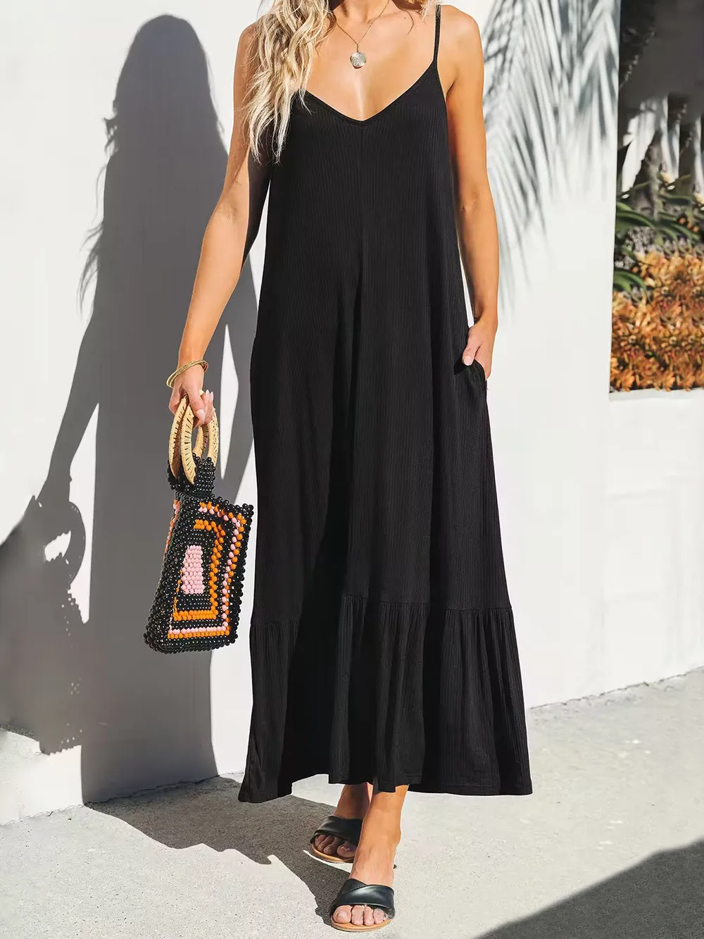 V-Neck Ruffled Hem Midi Cami Dress