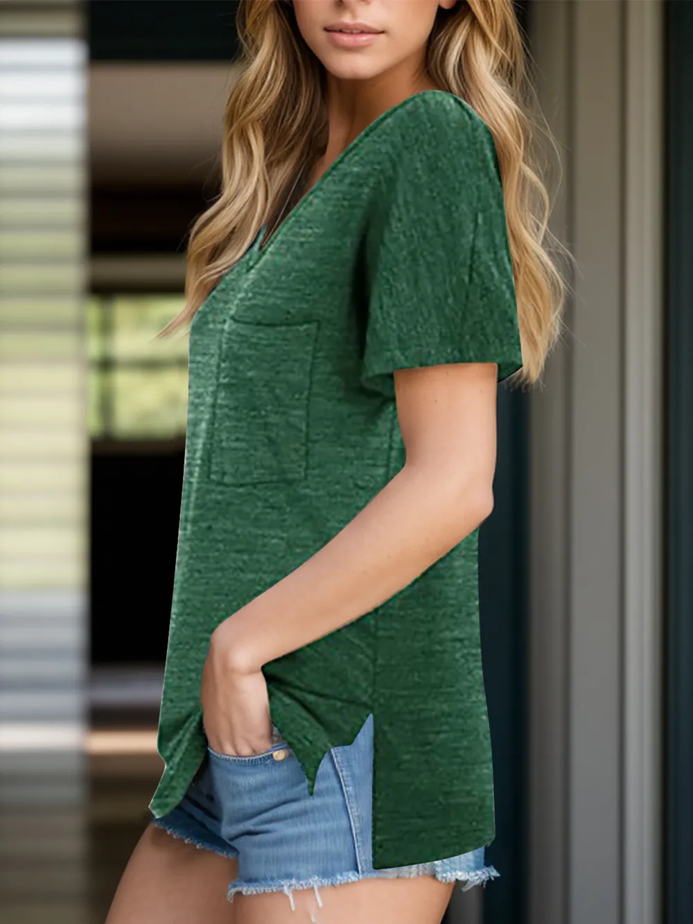 Pocketed Heathered V-Neck Short Sleeve T-Shirt, image 7