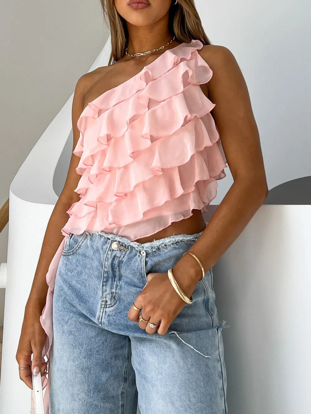Layered Ruffled One Shoulder Tank, image 8