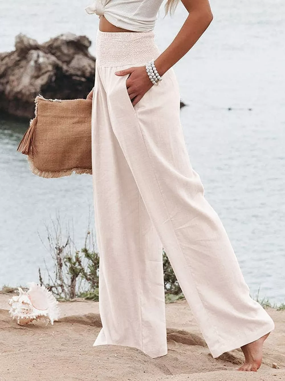 Smocked High Waisted Wide Leg Pants, image 2