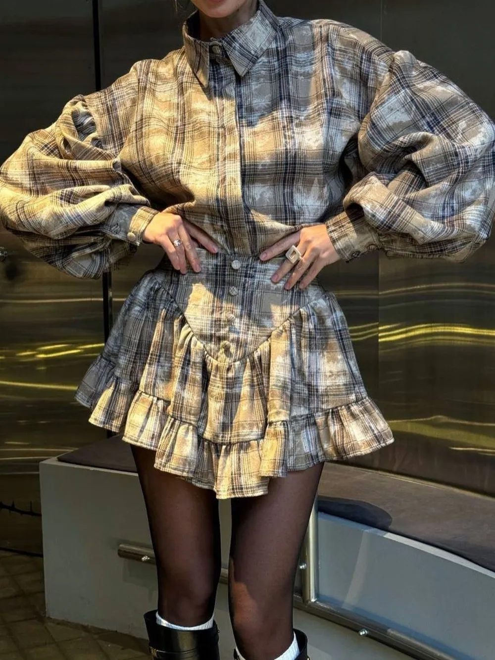 Lantern Sleeve Shirt and Ruffled Skirt Set, image 3