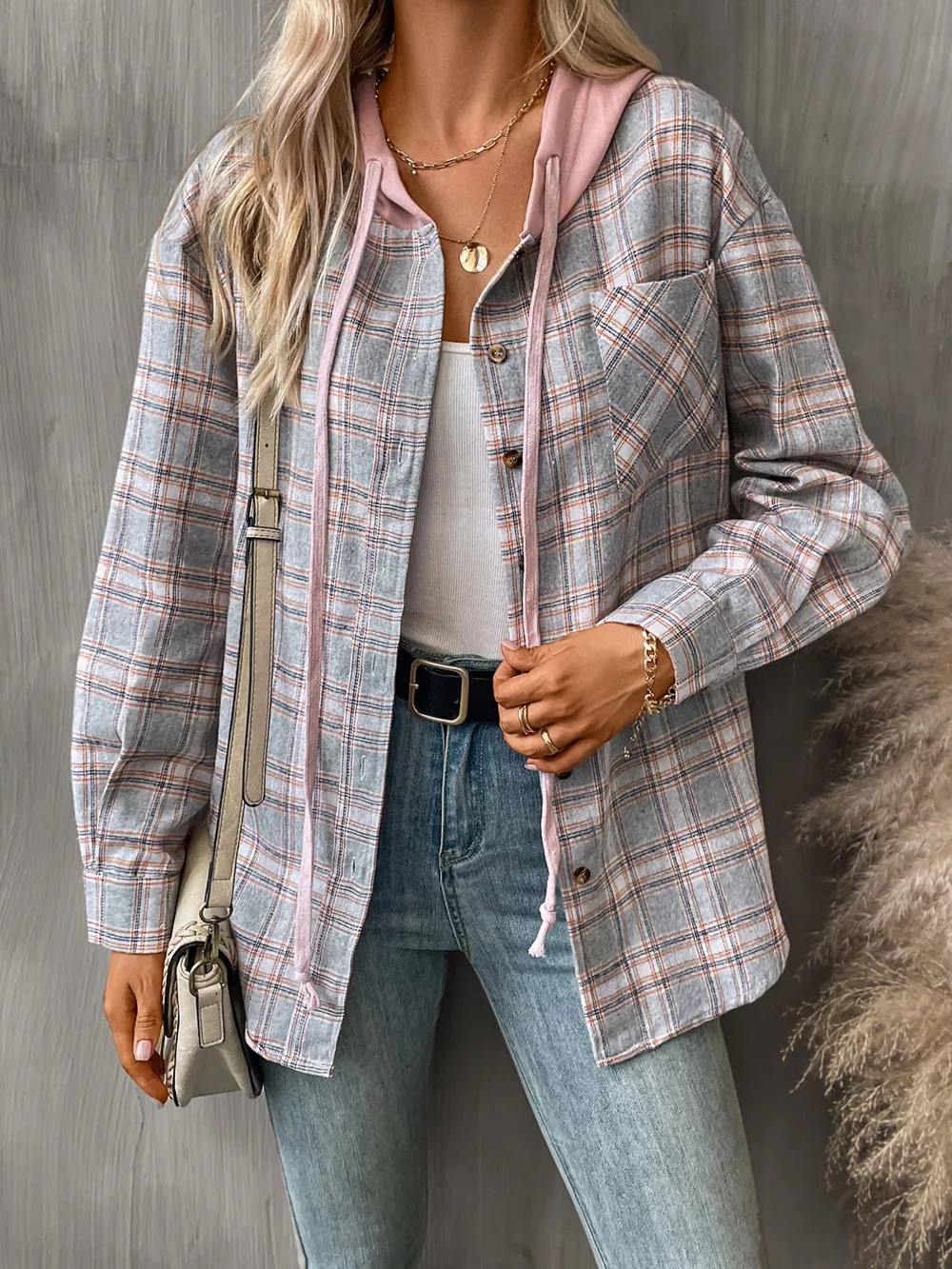 Plaid Button-Up Hooded Shirt with Chest Pocket, image 24