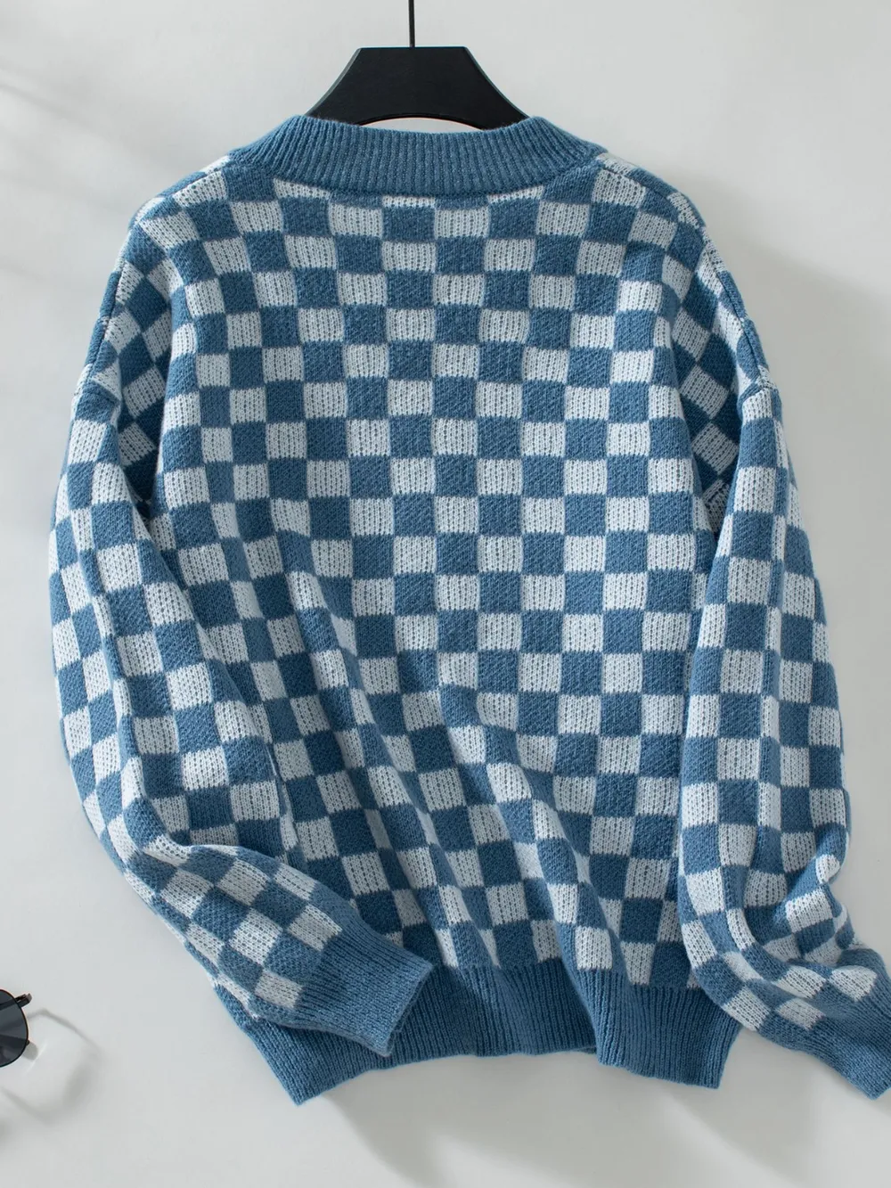 Checkered V-Neck Dropped Shoulder Sweater, image 9