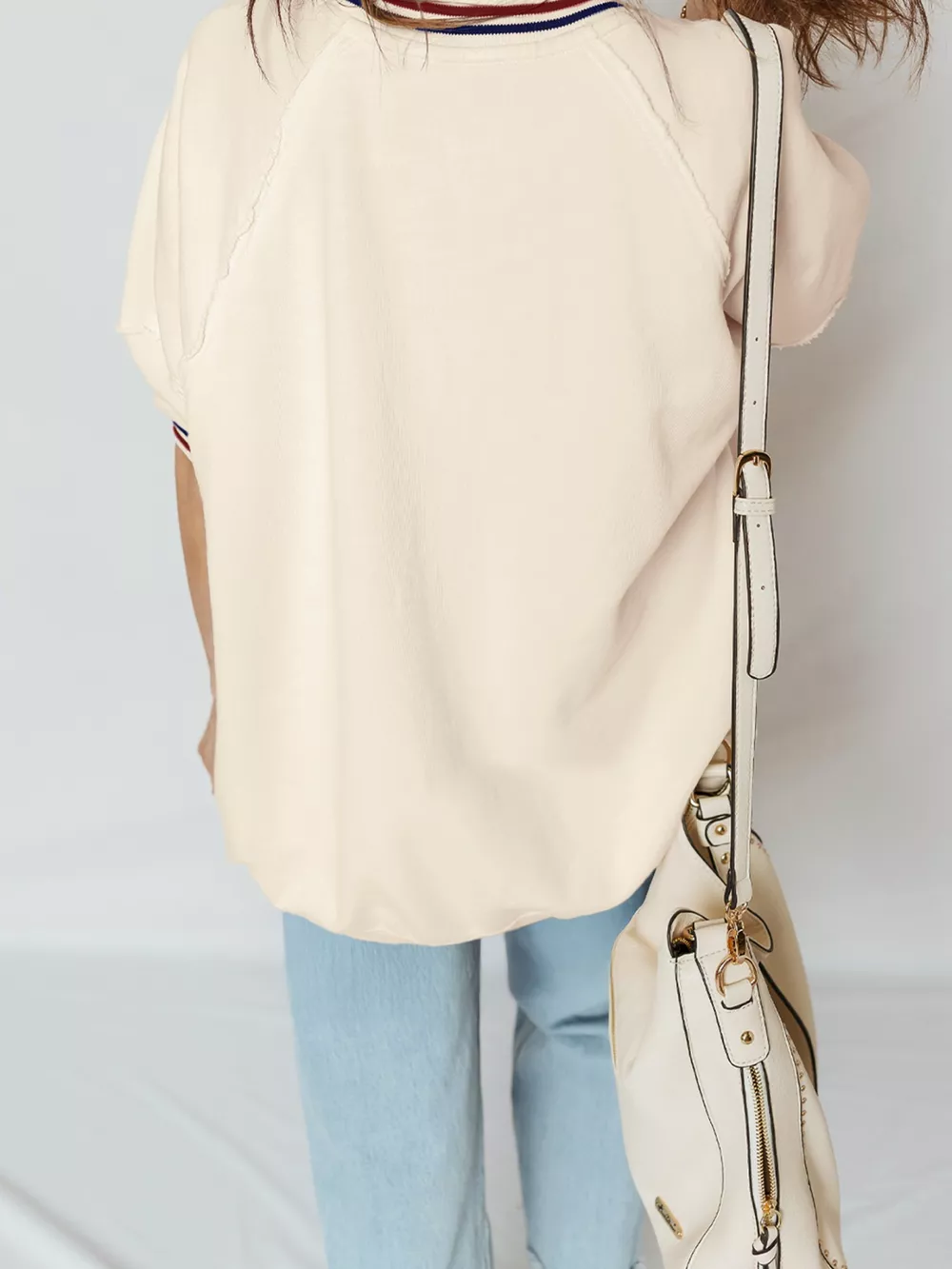 Contrast Varsity Striped Neckline Cuffed Short Sleeve Loose Tunic Top, image 2