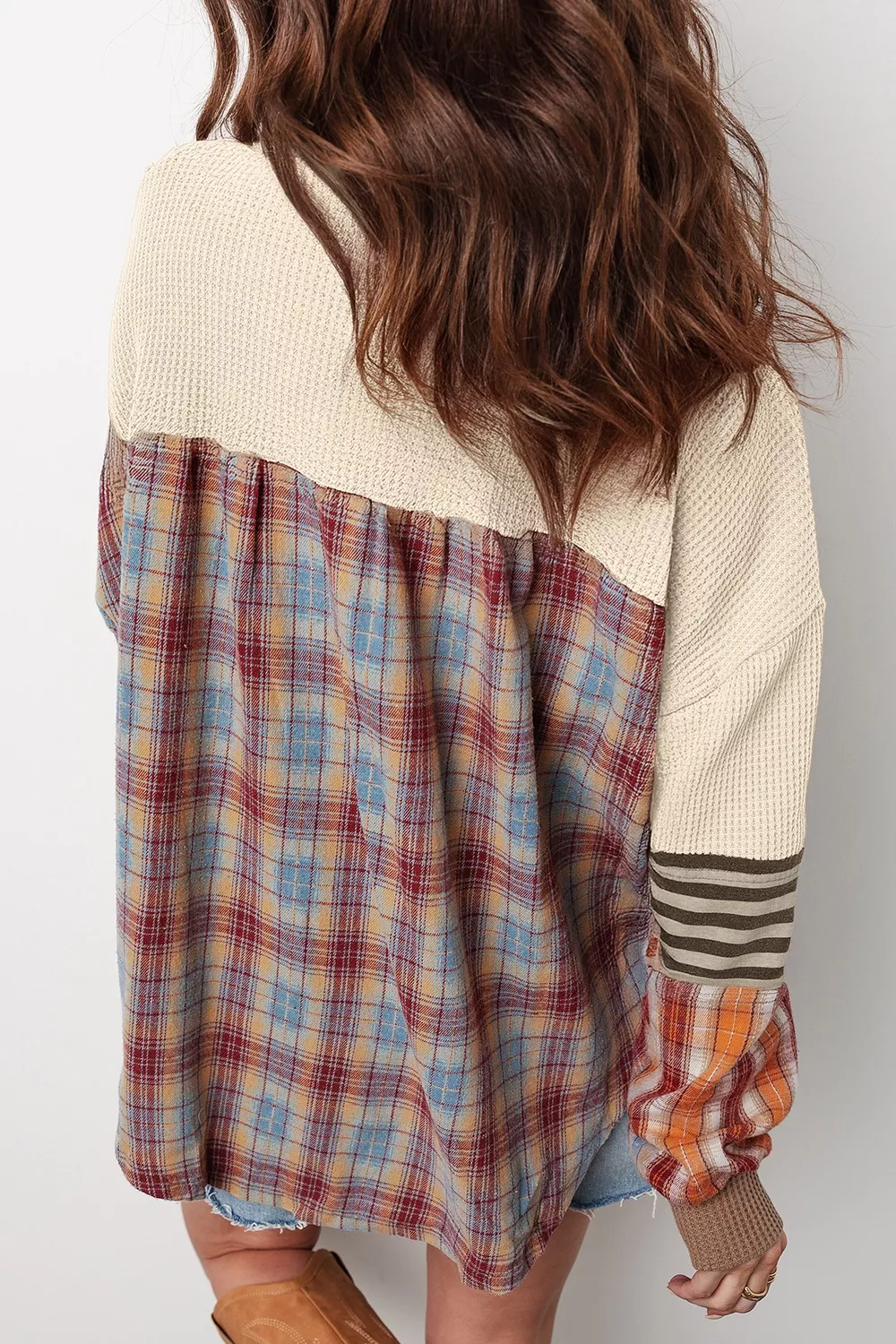 Waffle Knit Plaid Patchwork Long Sleeve Blouse, image 9