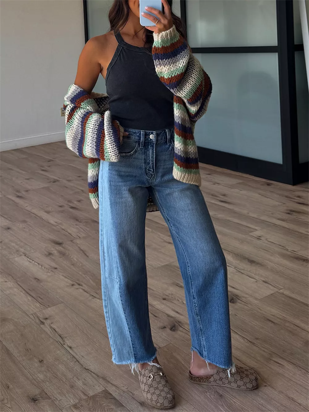 Multi-Color Striped Chunky Knit Open-Front Cardigan, image 9