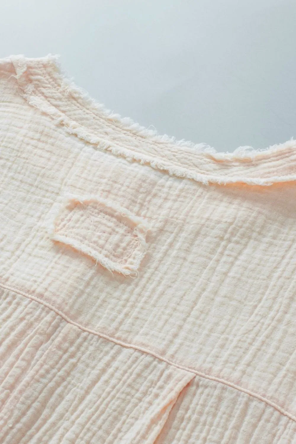 Textured Frayed Trim Half Button Short Sleeve Top, image 9