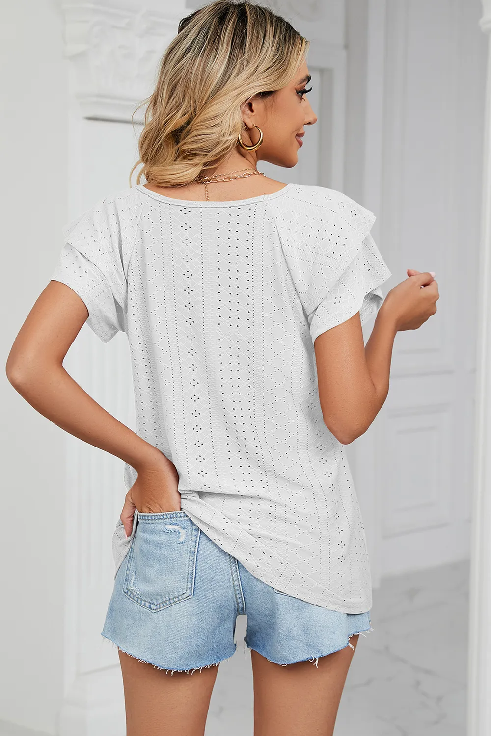 Eyelet V-Neck Short Sleeve T-Shirt, image 7