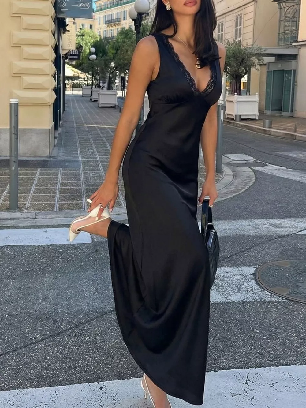 Lace Trim V-Neck Sleeveless Maxi Dress, image 4
