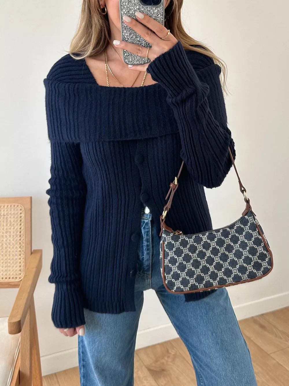 Textured Slit Front Long Sleeve Knit Top, image 3