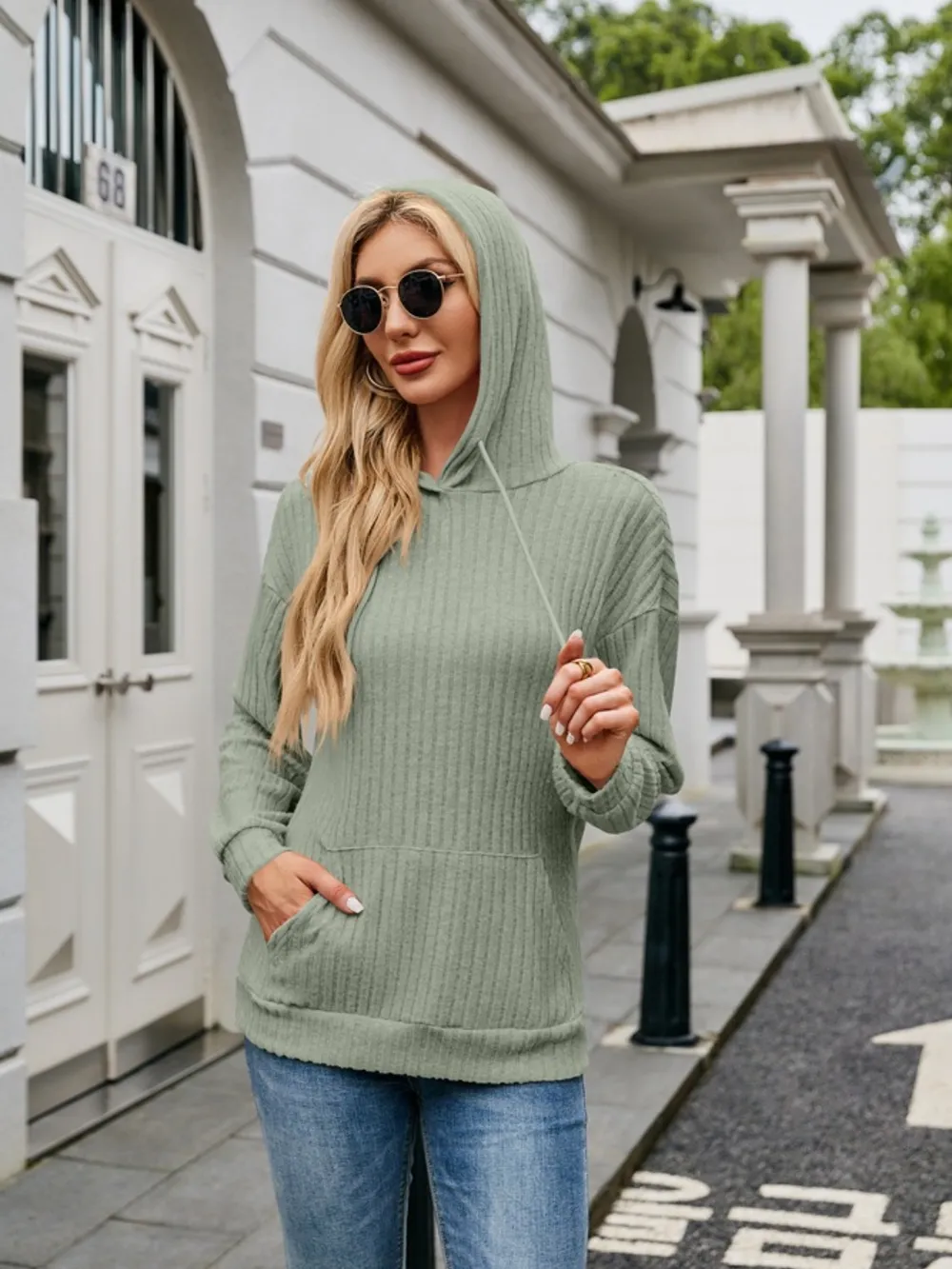 Ribbed Drawstring Long Sleeve Hoodie, image 26