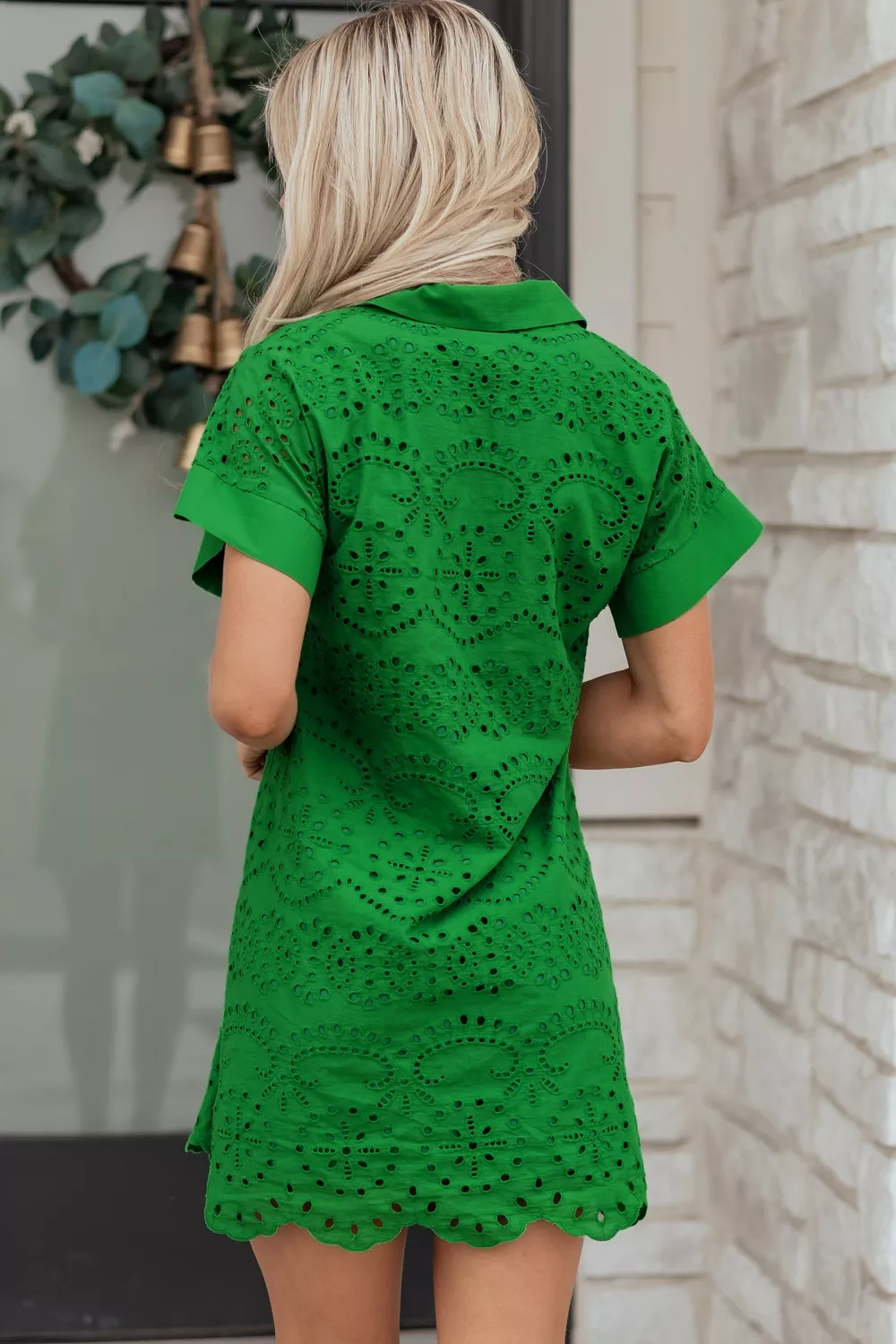 Eyelet Collared Neck Short Sleeve Dress, image 2