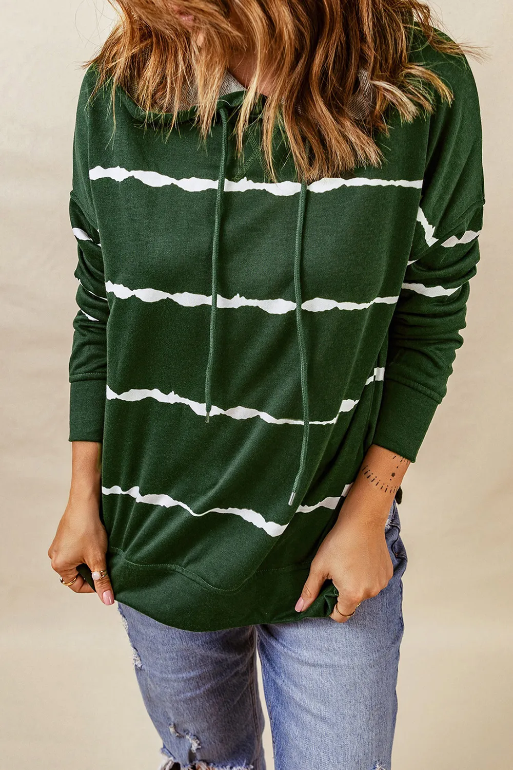 Drawstring Striped Dropped Shoulder Hoodie, image 3