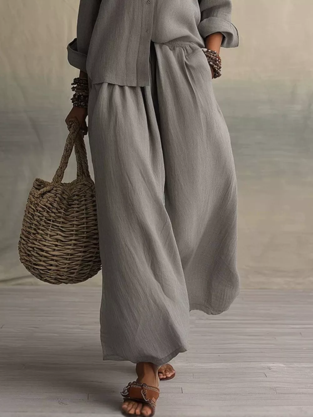 Full Size Button Up Shirt and Wide-Leg Pants Set Plus Size, image 6