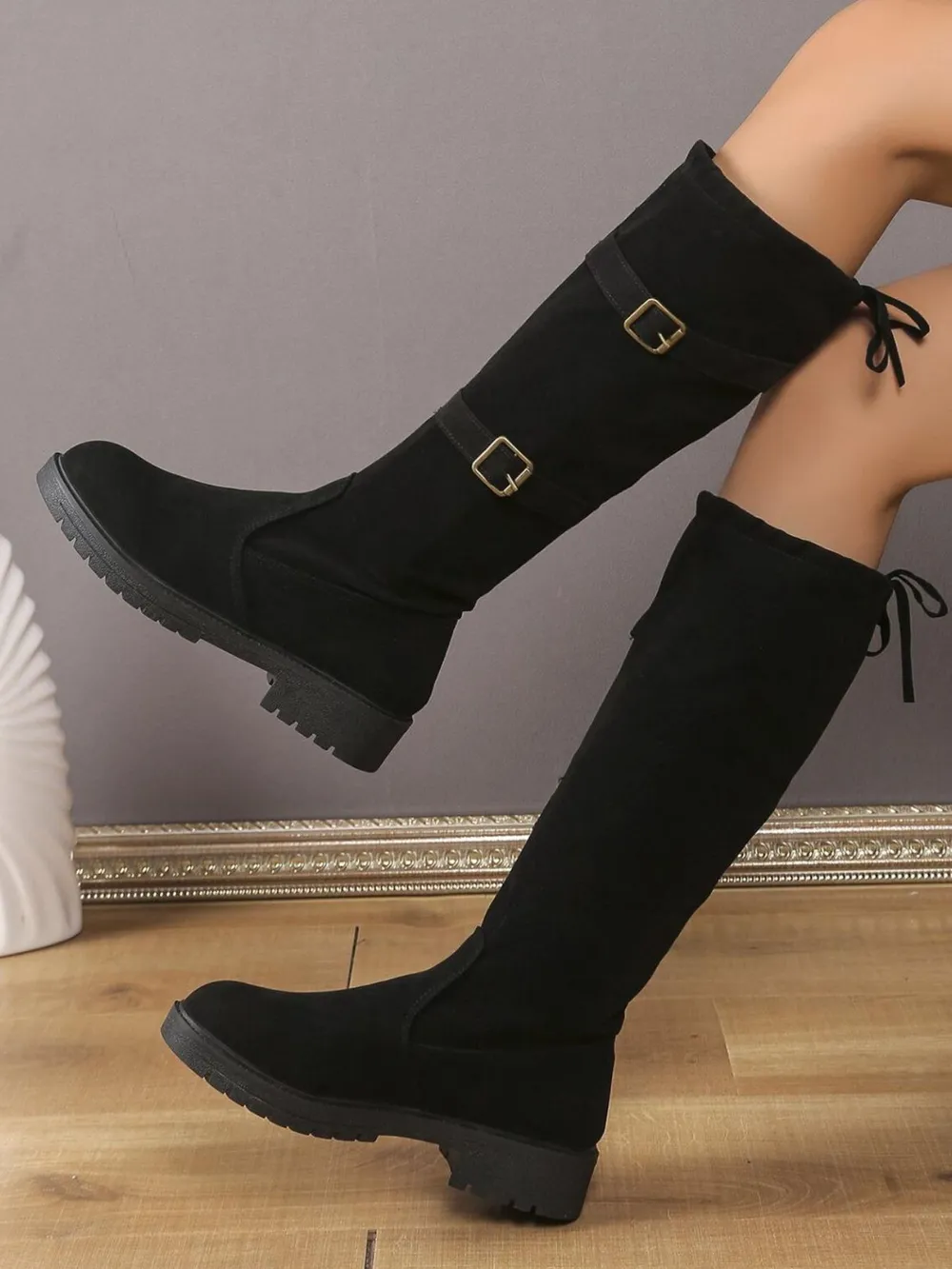 Suede Knee-High Combat Boots with Double Buckle Straps, image 4