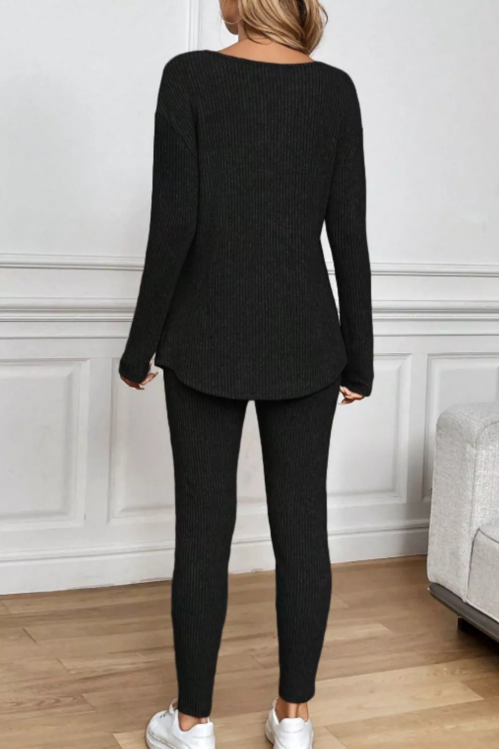 Notched Long Sleeve Top & Pants Set, image 3