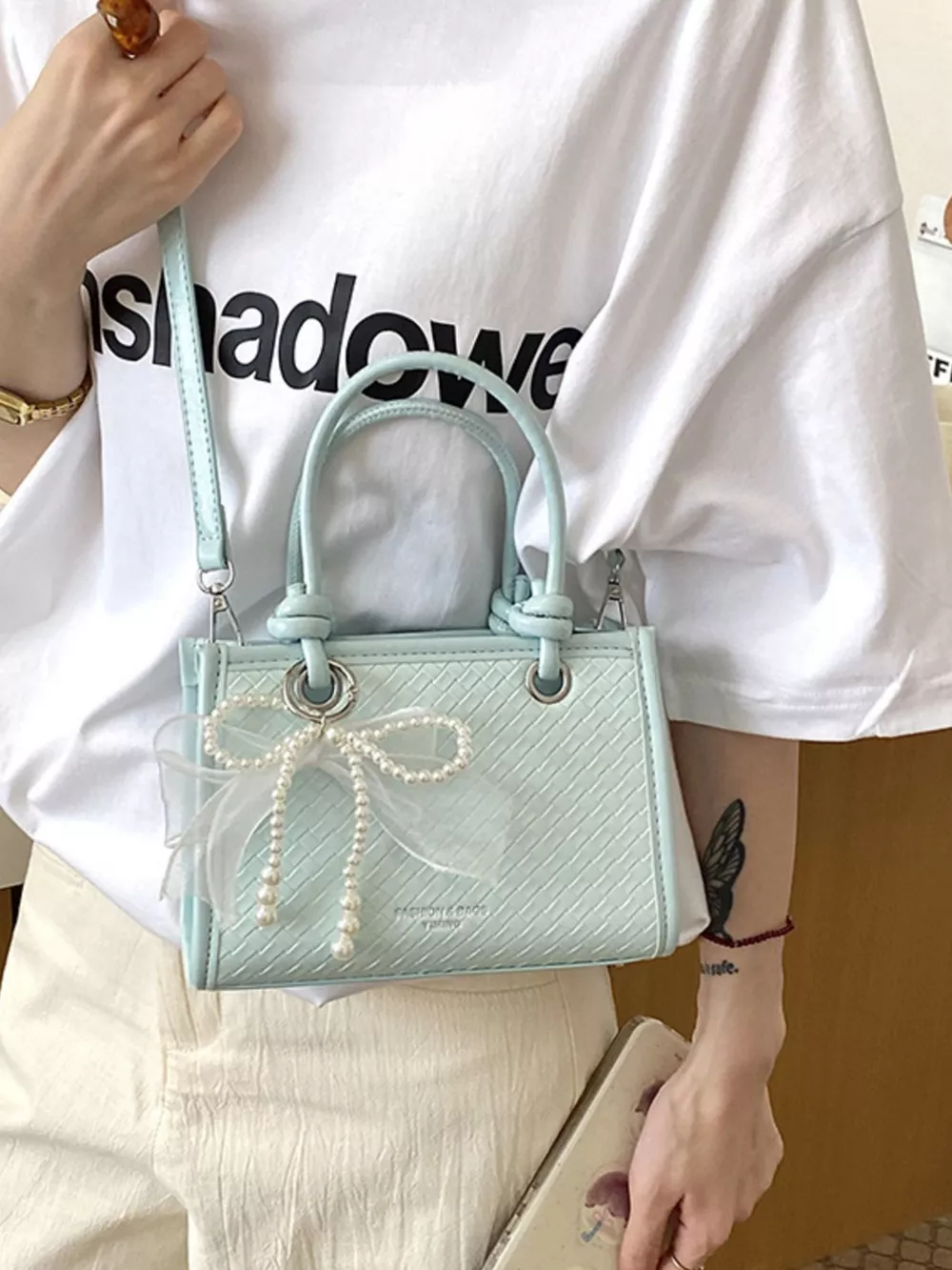 Elegant Bow Pearl Embellished Crossbody Bag, image 2