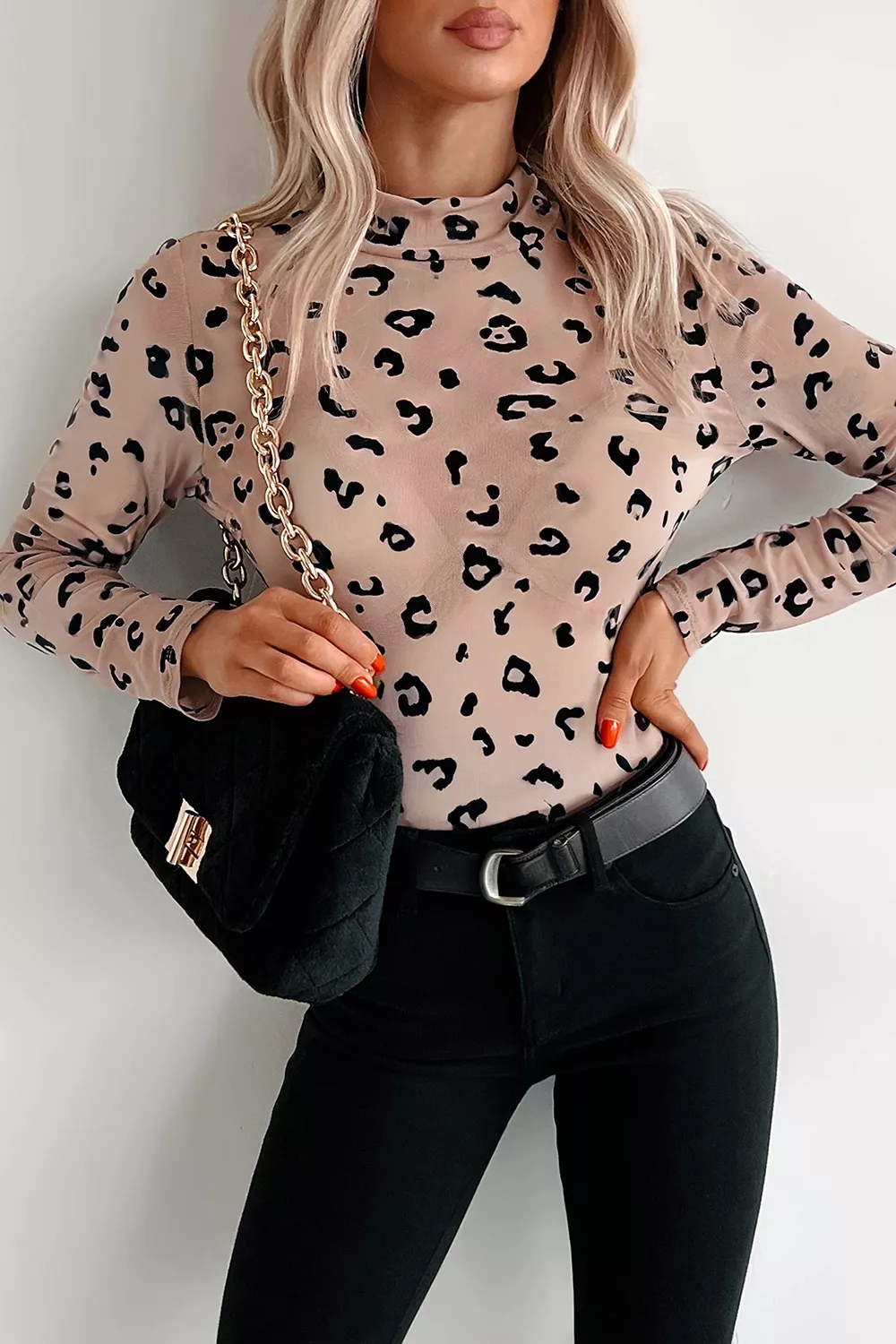 Mock Neck Sheer Mesh Leopard Long Sleeve Bodysuit, image 7