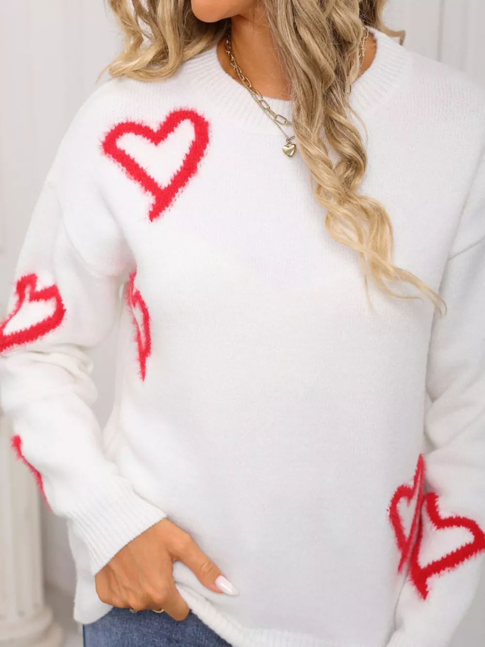 Valentine's Day Heart Print Crew Neck Sweater, image 12
