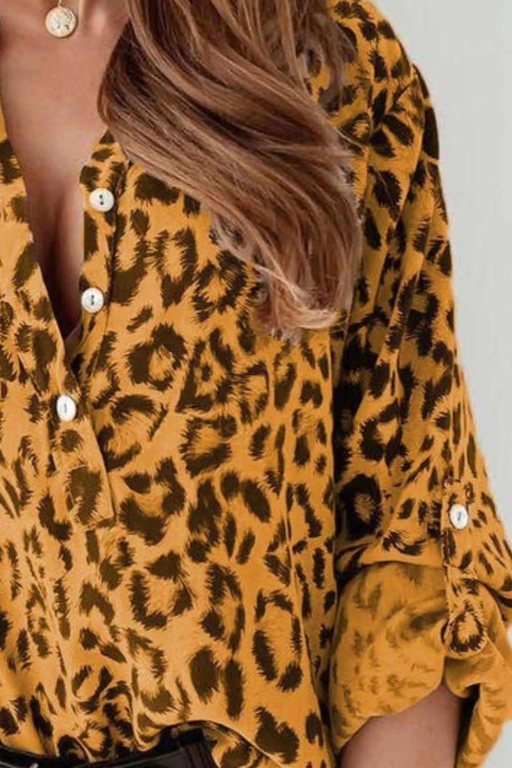 Leopard Button Detail Notched Long Sleeve Blouse, image 6