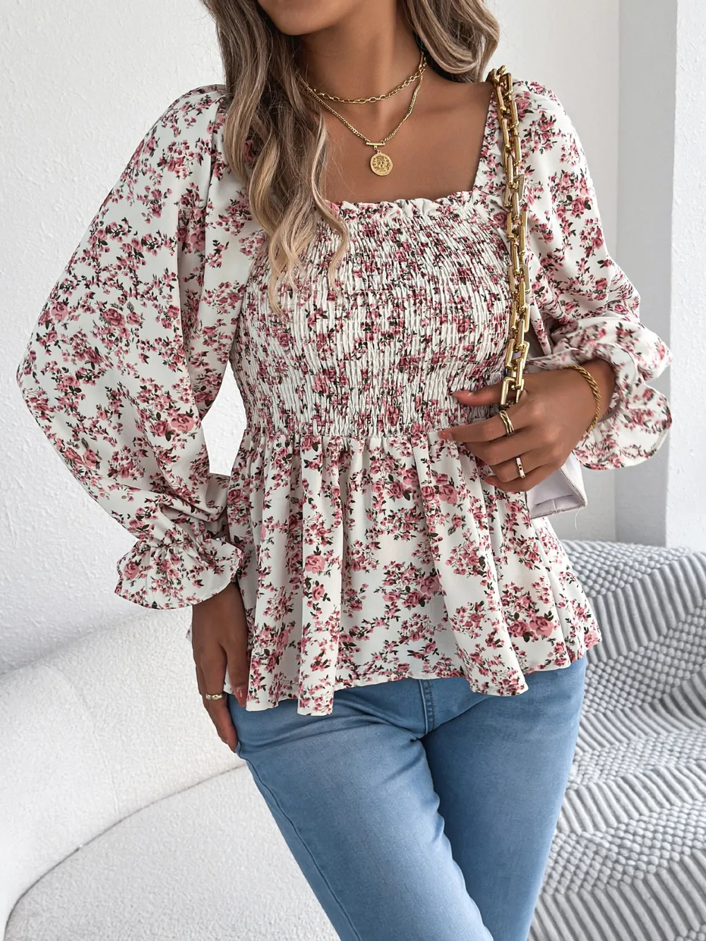 Floral Square Neck Flounce Sleeve Blouse, image 13