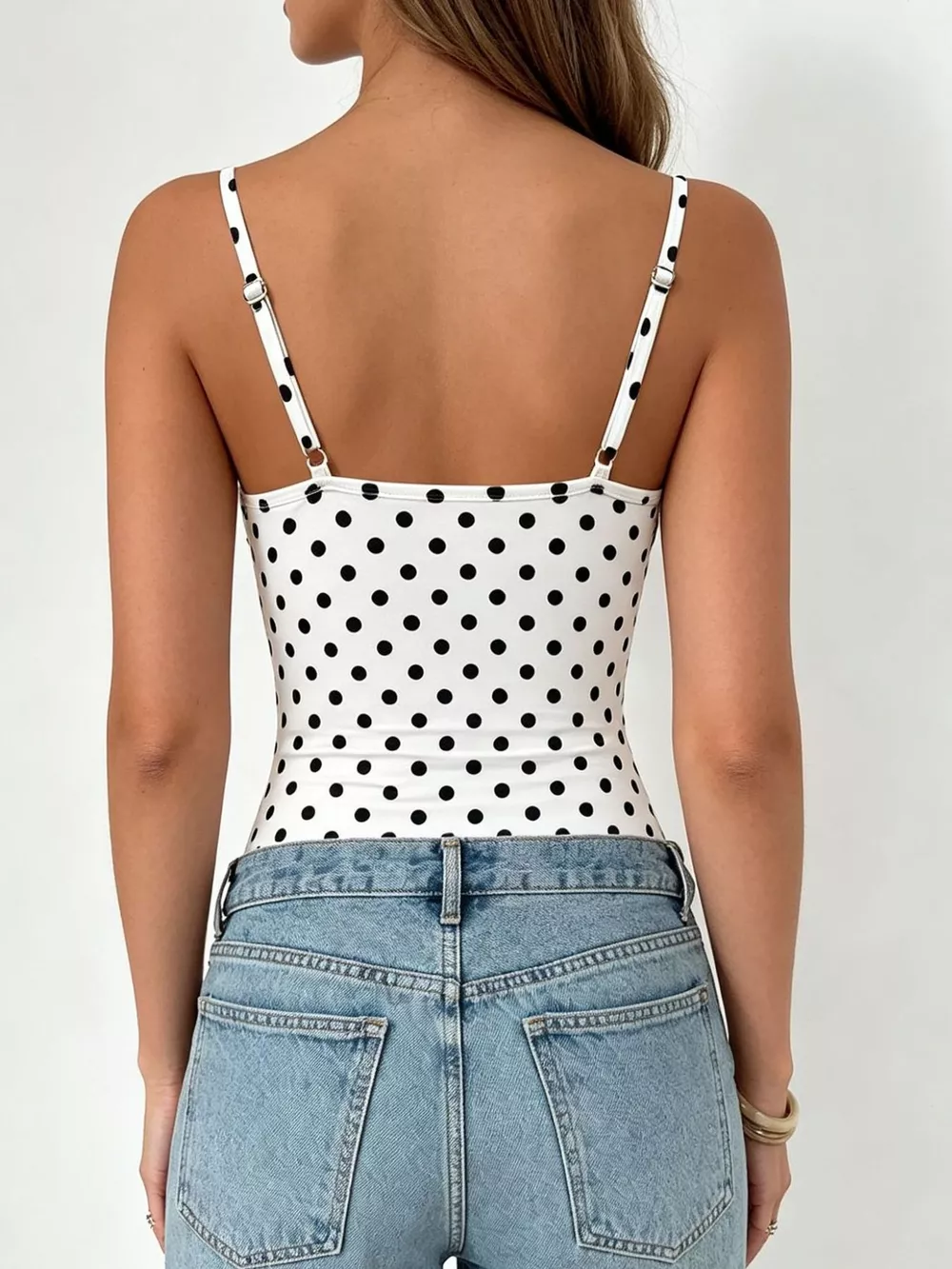 Polka Dot Cowl Neck Spaghetti Strap Bodysuit, image 5