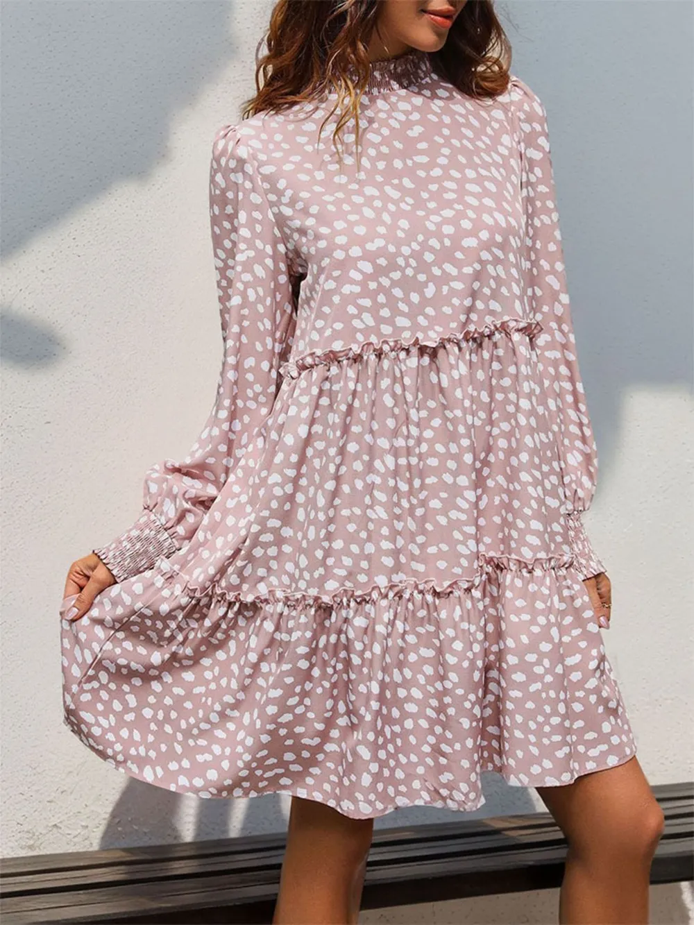 Frill Printed Mock Neck Long Sleeve Mini Dress, image 10