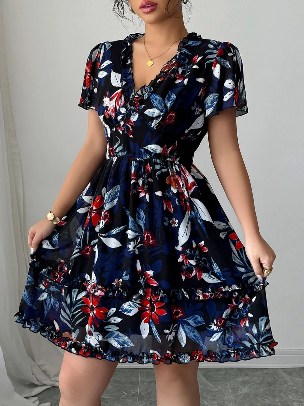 Floral Wrap Dress with Flutter Sleeves, image 8