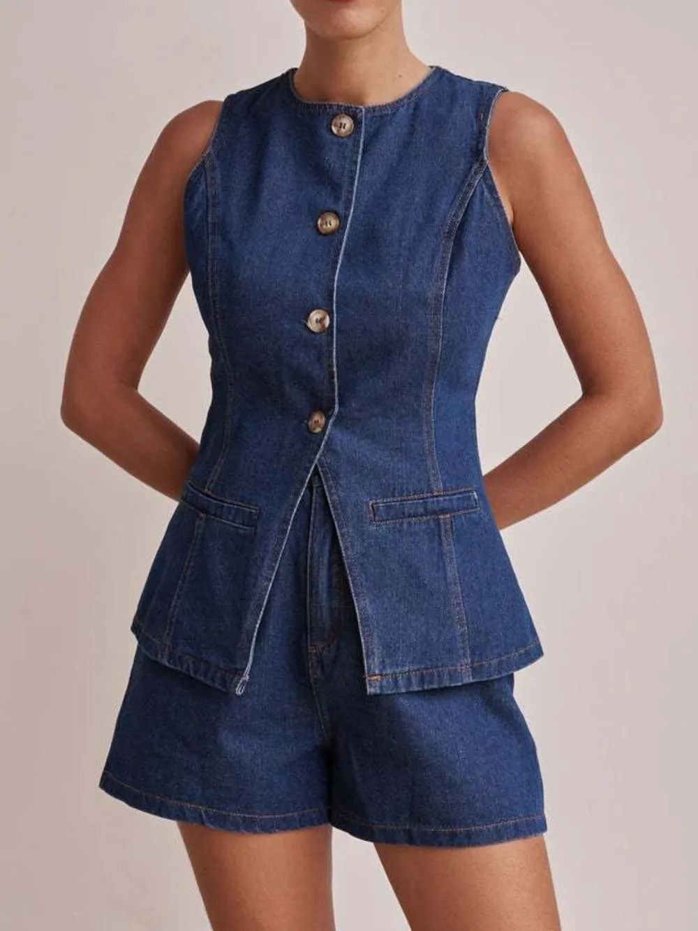 Button Down Vest and Shorts Denim Set, image 4