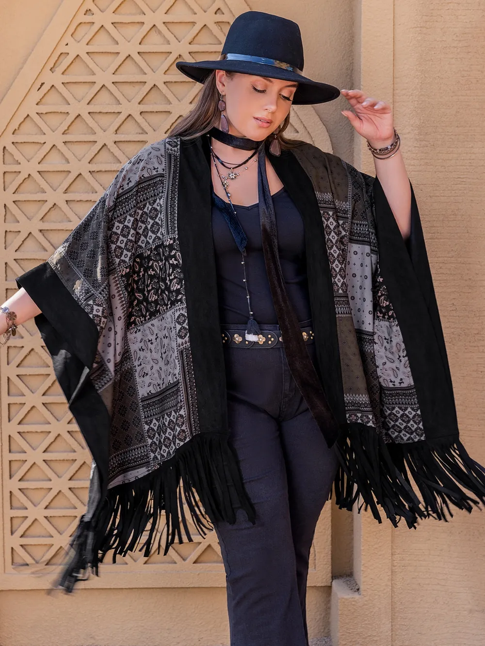 Plus Size Printed Fringe Open Front Outerwear, image 3