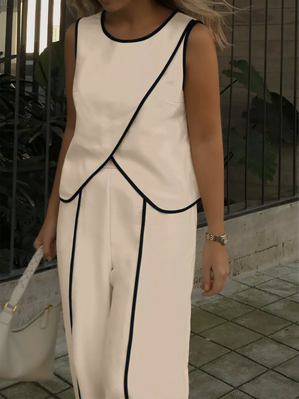 Contrast Trim Top and Wide Leg Pants Set, image 11