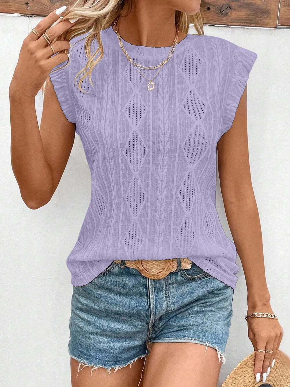 Openwork Round Neck Cap Sleeve Top, image 23