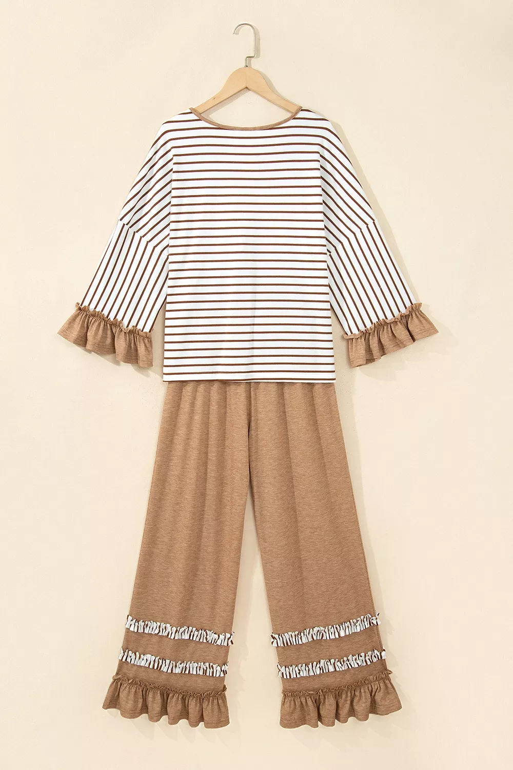 Stripe V Neck Ruffle Contrast Sleeve Top Drawstring Pants 2pcs Set, image 3
