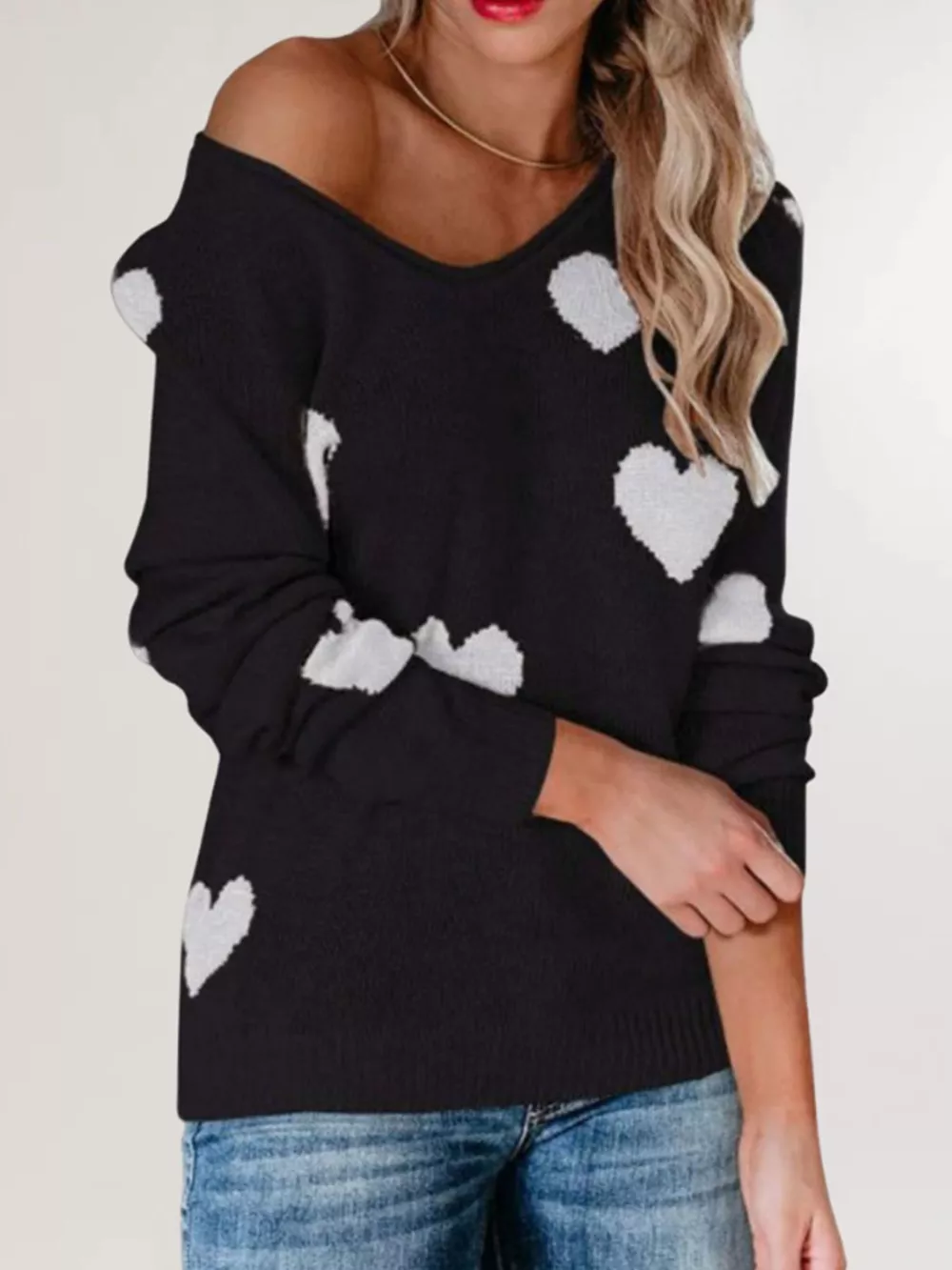 Heart Pattern Raglan Sleeve Sweater, image 5