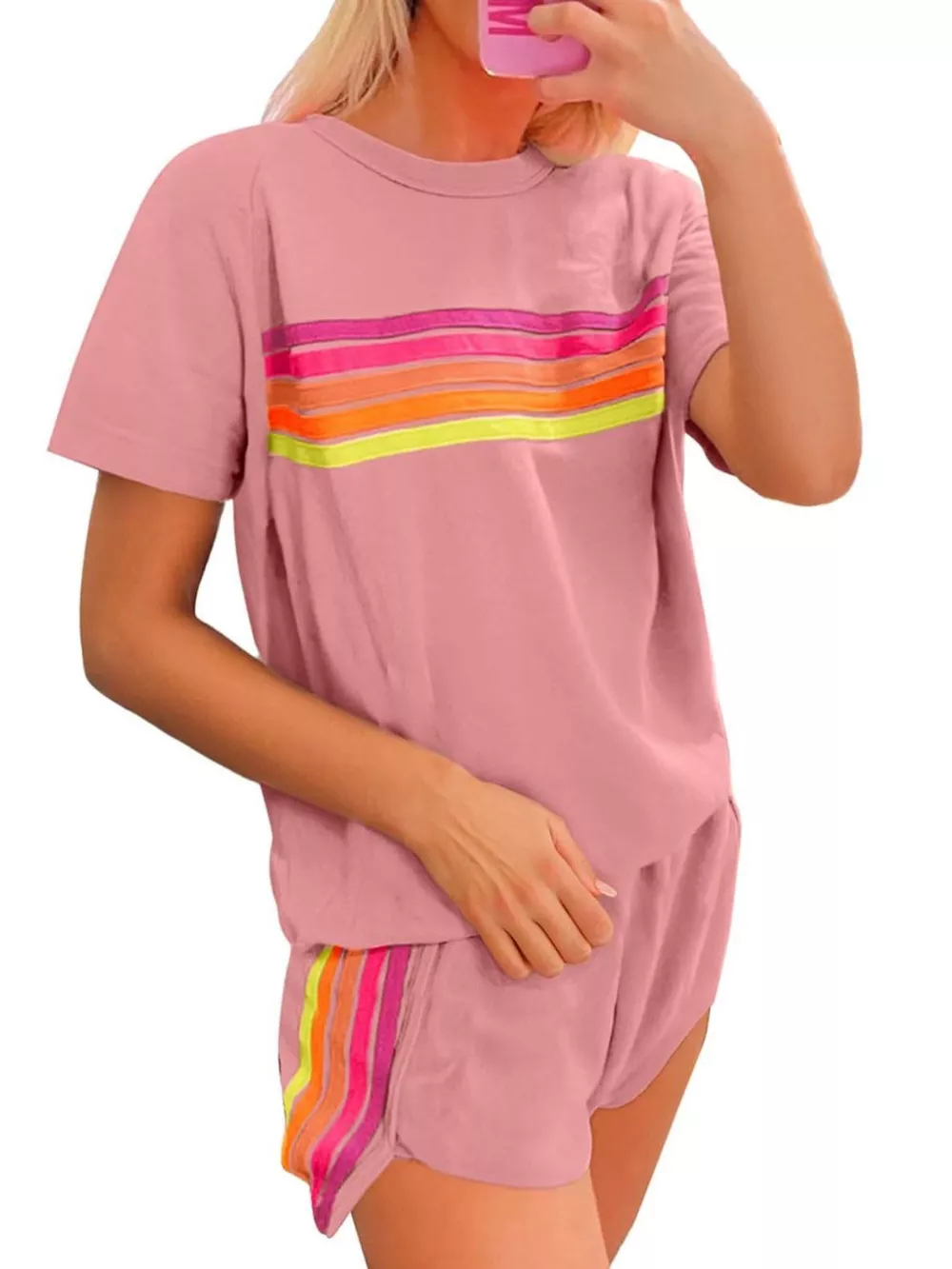 Rainbow Striped Round Neck Top and Shorts Set, image 14